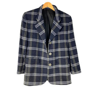 VTG 90s Rafael Boyfriend Tweed Blazer Jacket Women‎ 10 Navy Windowpane Plaid USA